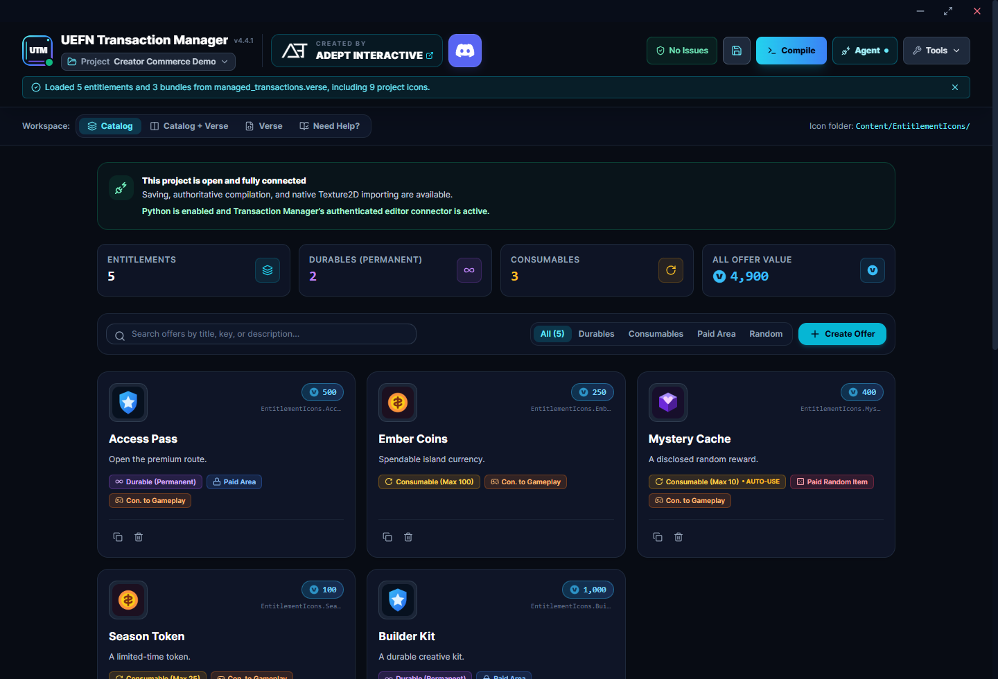 UEFN Transaction Manager catalog showing offers, prices, icons, and project connection status